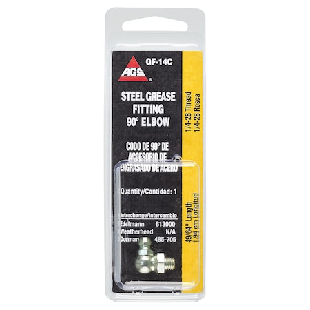 Ags Steel 90 Degree Grease Elbow, 49/64 Length, Male (1/4-28), 1/card GF-14C